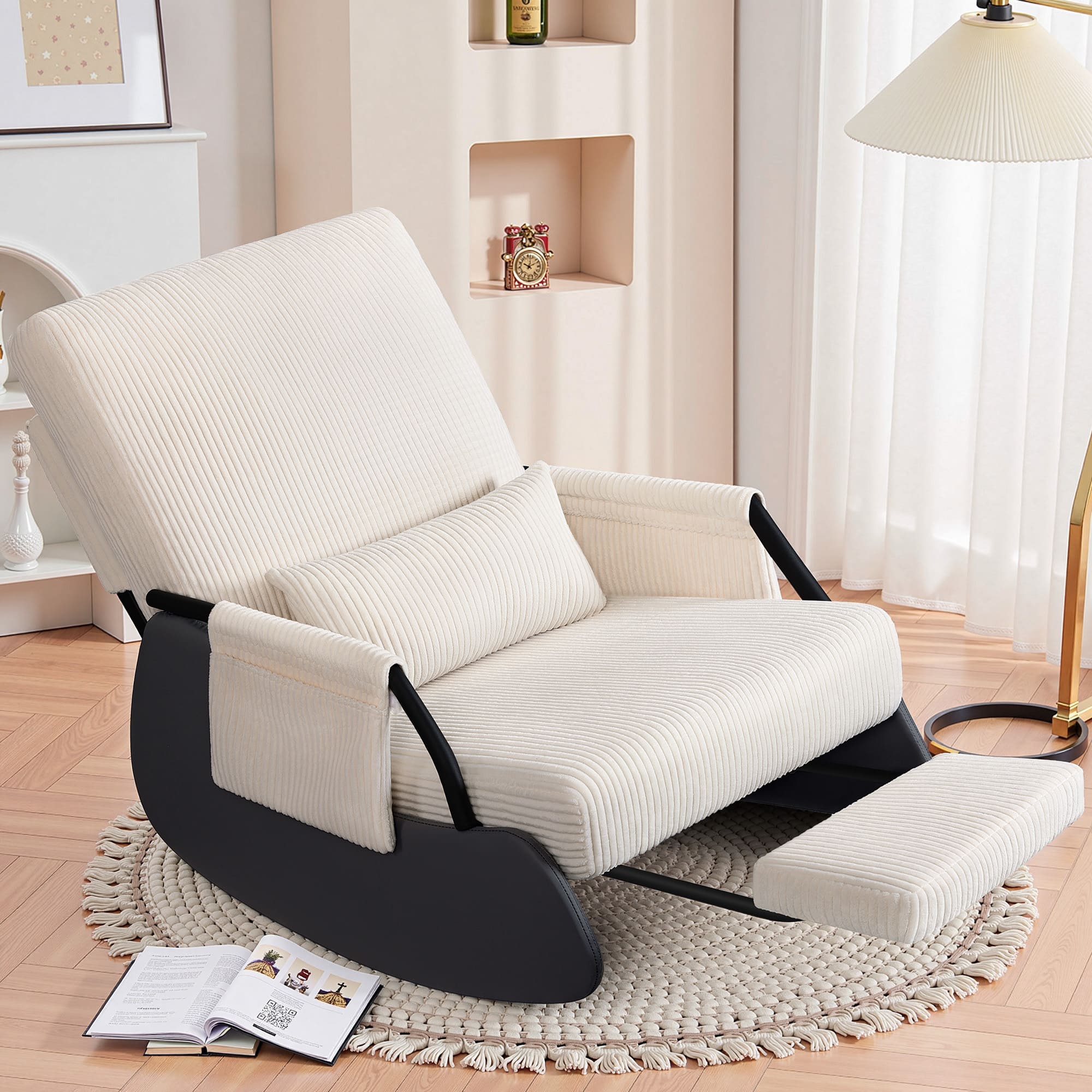 Front. Brick Attic - Rocking Chair Nursery, Low-Seat Glider Chair, Upholstered Rocking Chair Recliner  with Side Pocket and Foot Rest - Beige.
