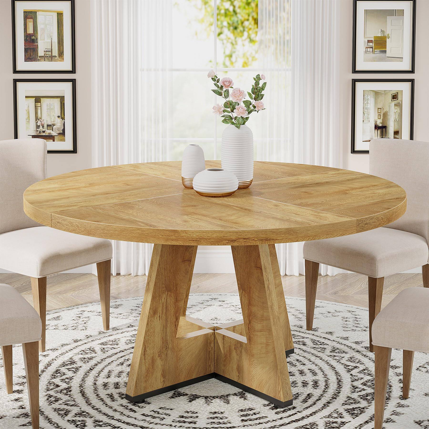 Front. MAGICAL RUBS - 47 Inch Round Dining Table Wood Kitchen For Room 47" Dinner Tables 4-6 Farmhouse Accent Furniture With Wooden - Lightwood.