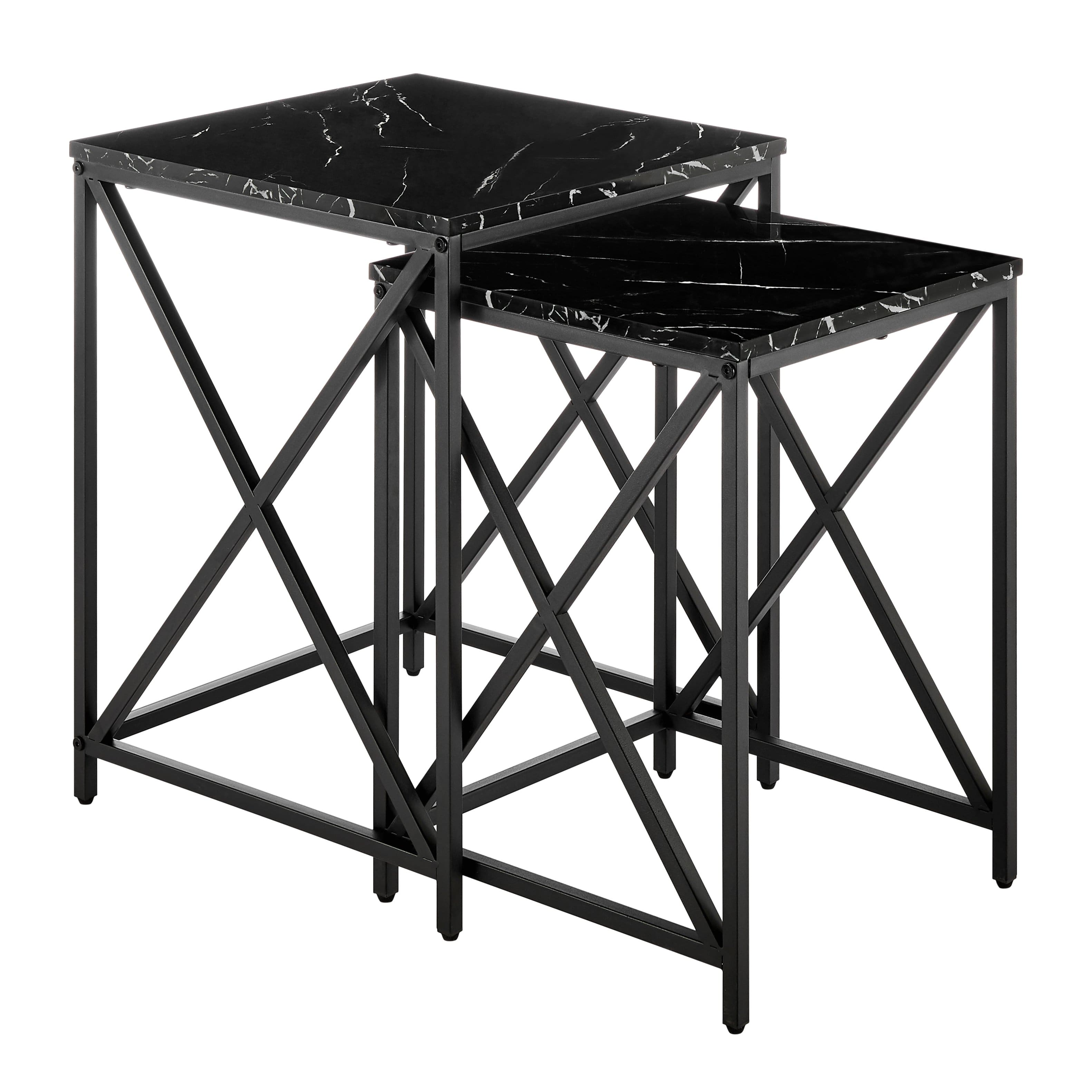 Danya B - Modern Square Marble Finish Veneer Top Black Metal Frame Nesting End Tables - Set of 2 - Black Marble