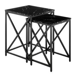 Danya B - Modern Square Marble Finish Veneer Top Black Metal Frame Nesting End Tables - Set of 2 - Black Marble