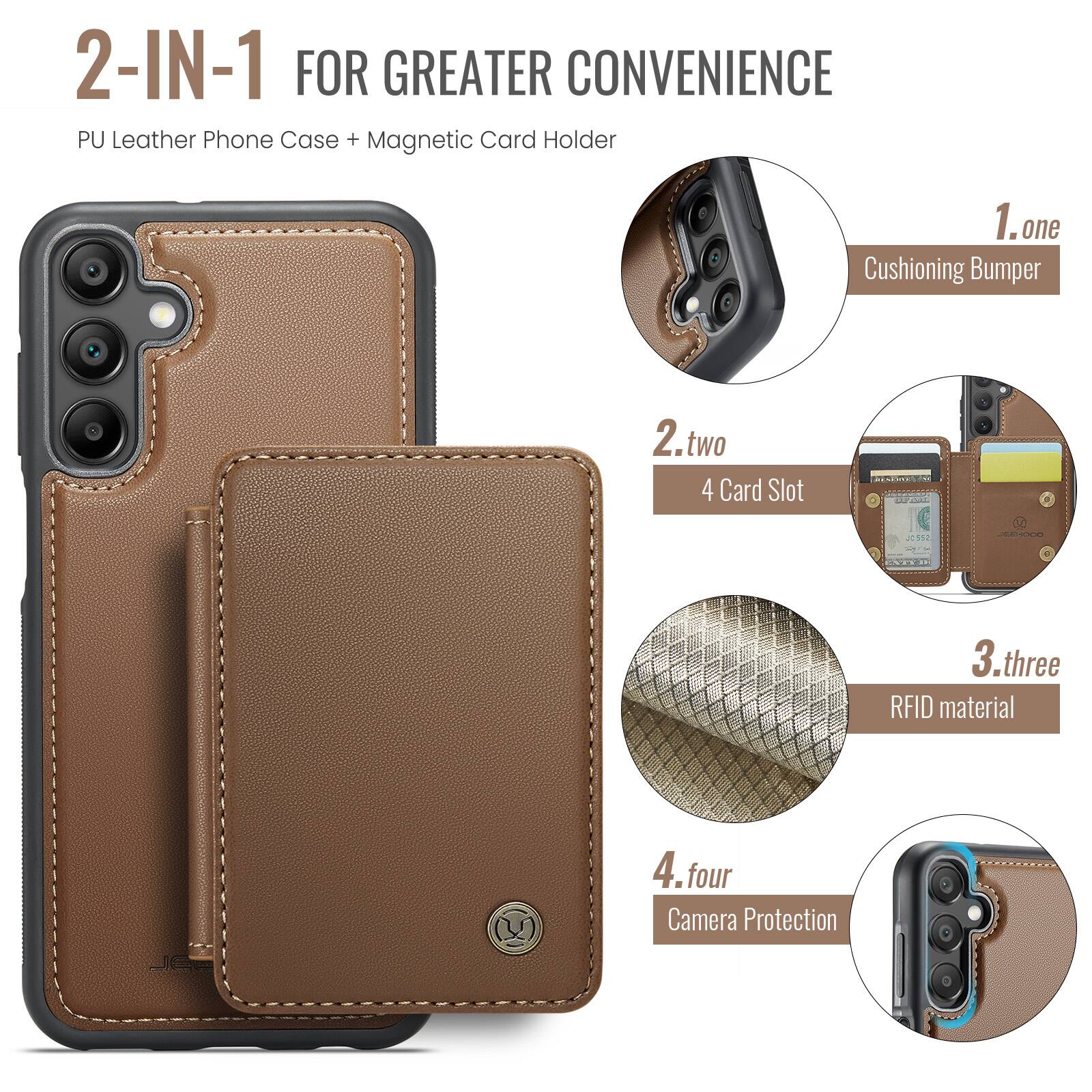 2-IN-1 FOR GREATER CONVENIENCE  
PU Leather Phone Case + Magnetic Card Holder  

1. one  
Cushioning Bumper  

2. two  
4 Card Slot  

3. three  
RFID material  

4. four  
Camera Protection