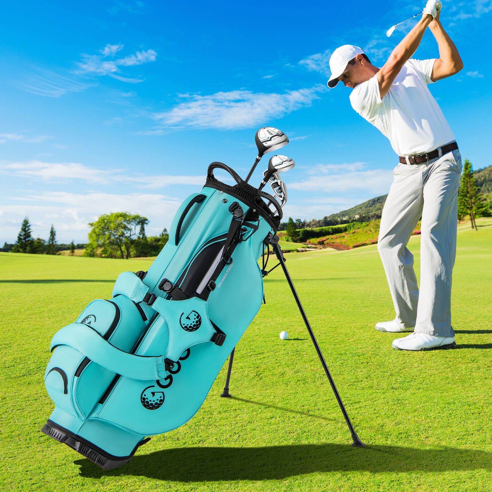 Alt View 1. Gymax - Gymax 8-Way Golf Stand Bag w/ 5 Pockets Lightweight Portable Golf Club Bag Handles - Green.