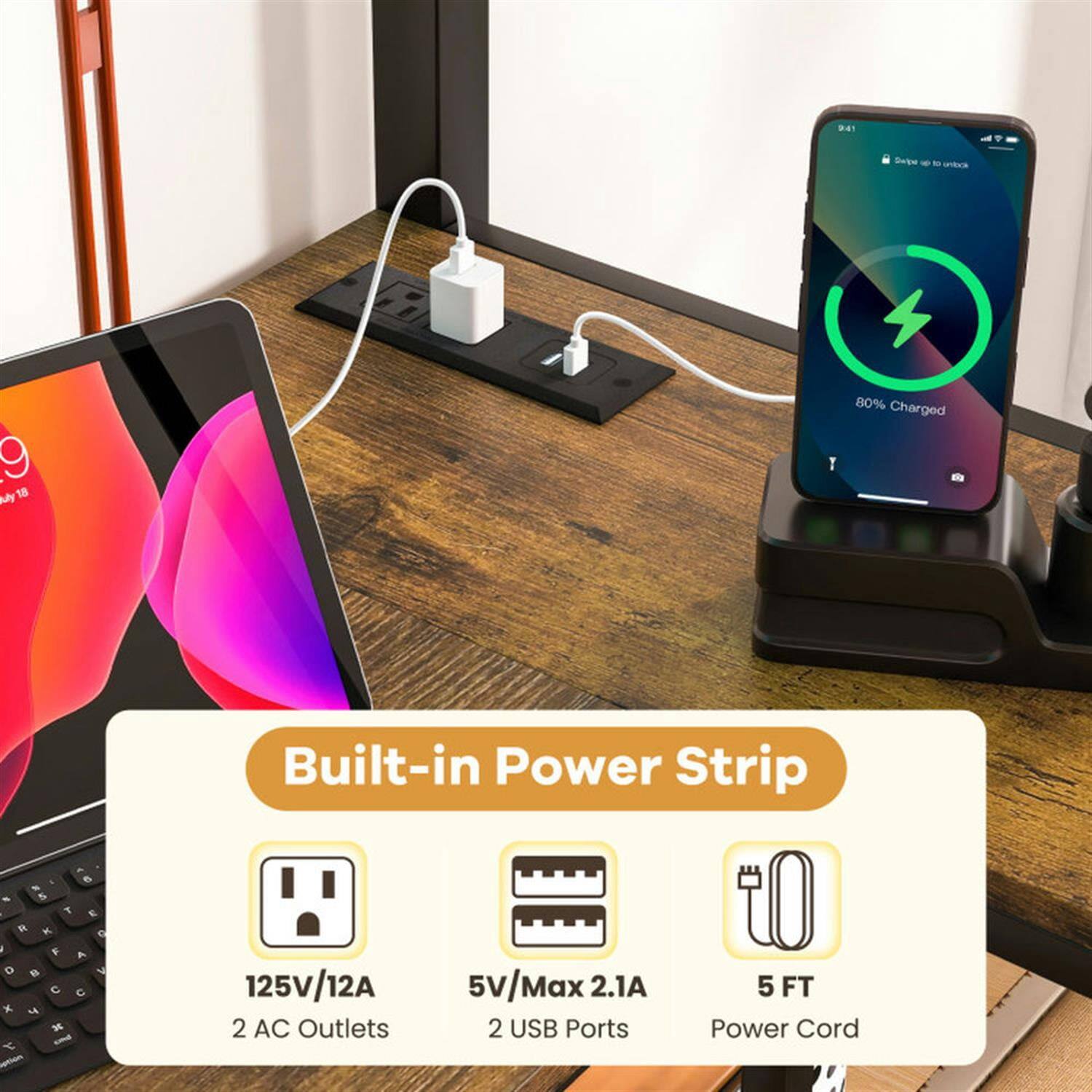 941 See - t antus 9: Ay 1 T 80% Charged - Built-in Power Strip - 6.5 T E M 0 F A D 8 V C x M y I - 125V/12A 2 AC Outlets 5V/Max 2.1A 2 USB Ports 5 FT Power Cord