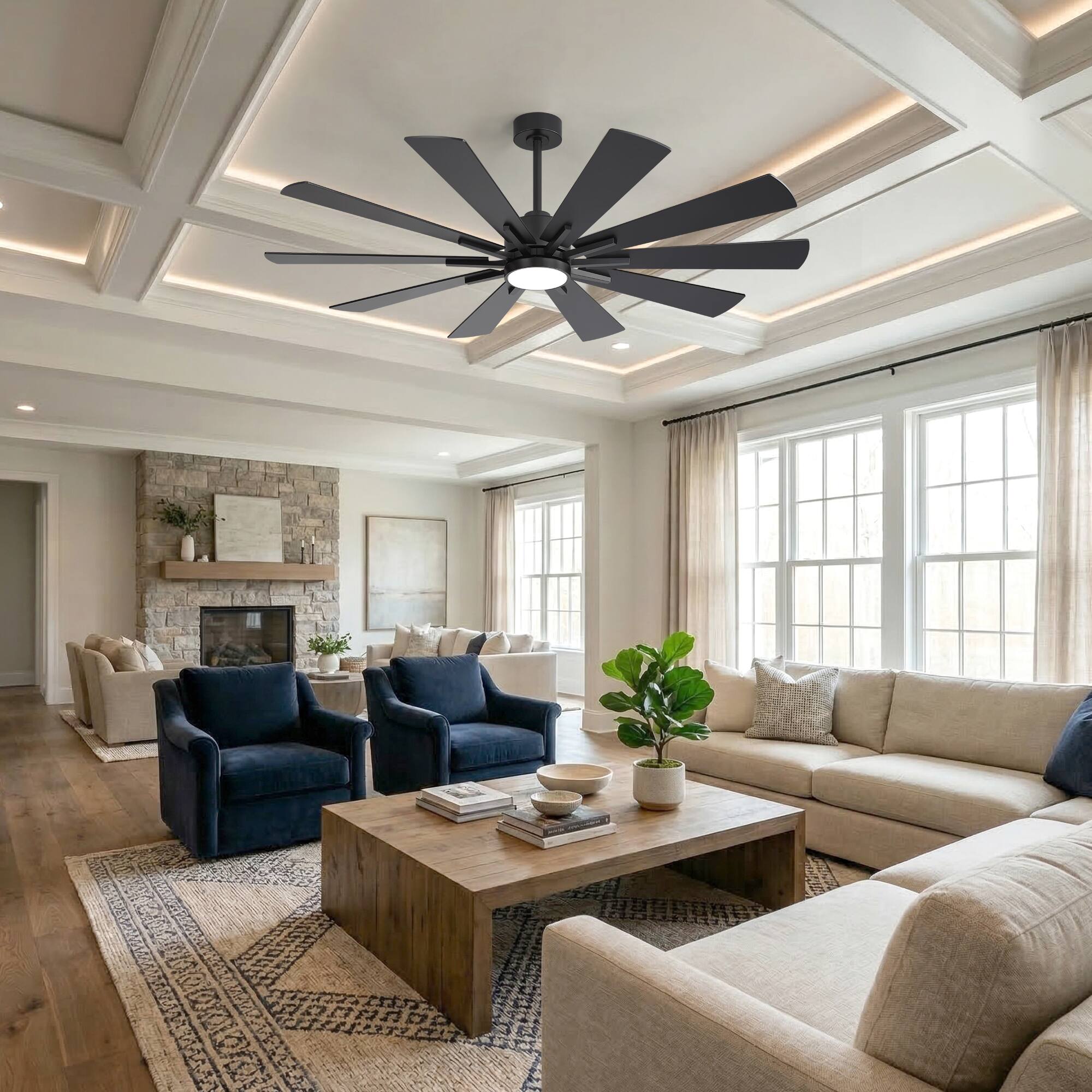 Back. Breezary - 62-Inch Modern Ceiling Fan, Dimmable LED, 10 Premium Plywood Blades, Quiet DC Motor, Remote Control, 6"/12" Downrods - 62-inch in Black and Walnut finish.