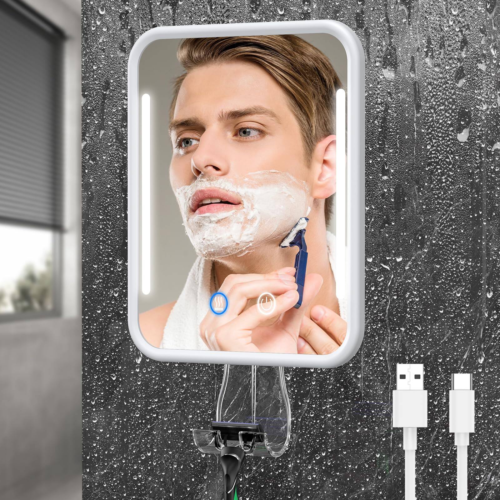 Left. Dazzed Corner - Lighted Heated Fogless Shower Mirror, 5000mAh, No-Drill Suction, Razor Holder - White.