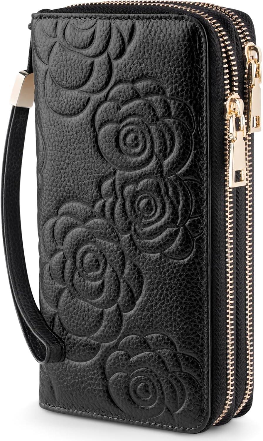 Front. Vulpecula Spade - Women's Wallet RFID Blocking Leather Double Zip Large Capacity Card Holder Ladies Phone Clutch Long Purse Wristlet - Bb-Black.