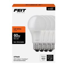 FEIT ELECTRIC
Lasts 10 Years
Soft White
2700K
60w Replacement
10w LED
Non-Dimmable
4 Pack
A19 | Indoor / Outdoor*
E26 Standard Base
Brightness
800 lumens
Estimated Energy Cost
$1.20 per year