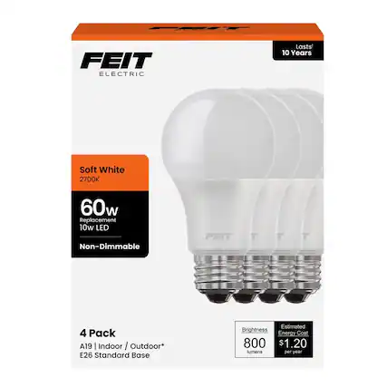 FEIT ELECTRIC
Lasts 10 Years
Soft White
2700K
60w Replacement
10w LED
Non-Dimmable
4 Pack
A19 | Indoor / Outdoor*
E26 Standard Base
Brightness
800 lumens
Estimated Energy Cost
$1.20 per year