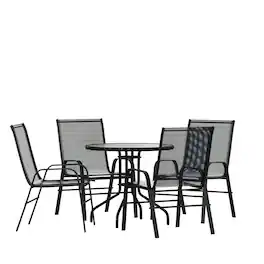 Emma + Oliver - Five Piece Patio Table Set with Round Metal Table with Tempered Glass Top and 4 Flex Comfort Stacking Chairs - Black
