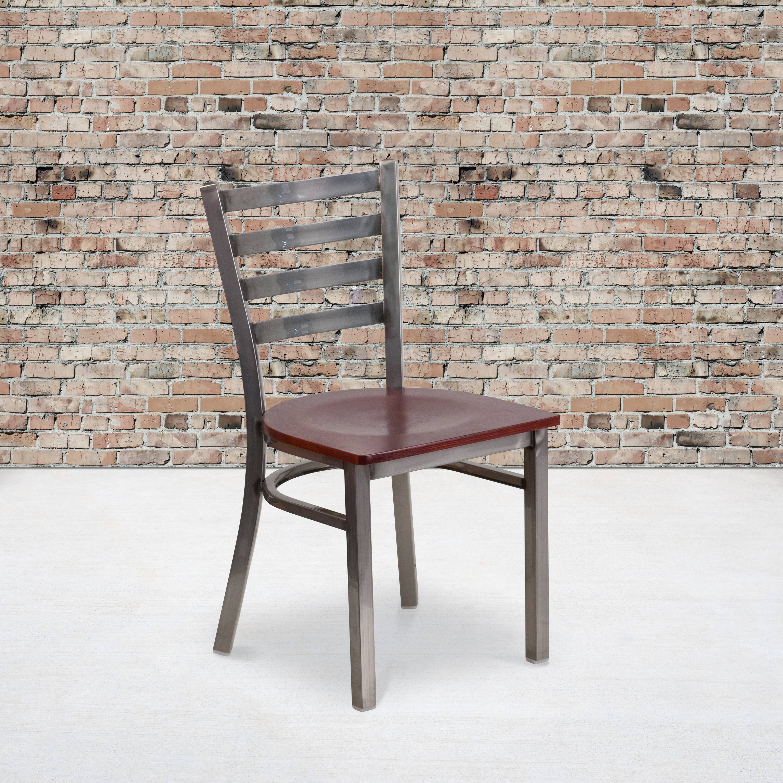 Alt View 2. Emma + Oliver - 2 Pack Clear Coated Ladder Back Metal Restaurant Chair - Mahogany Wood Seat/Clear Coated Metal Frame.