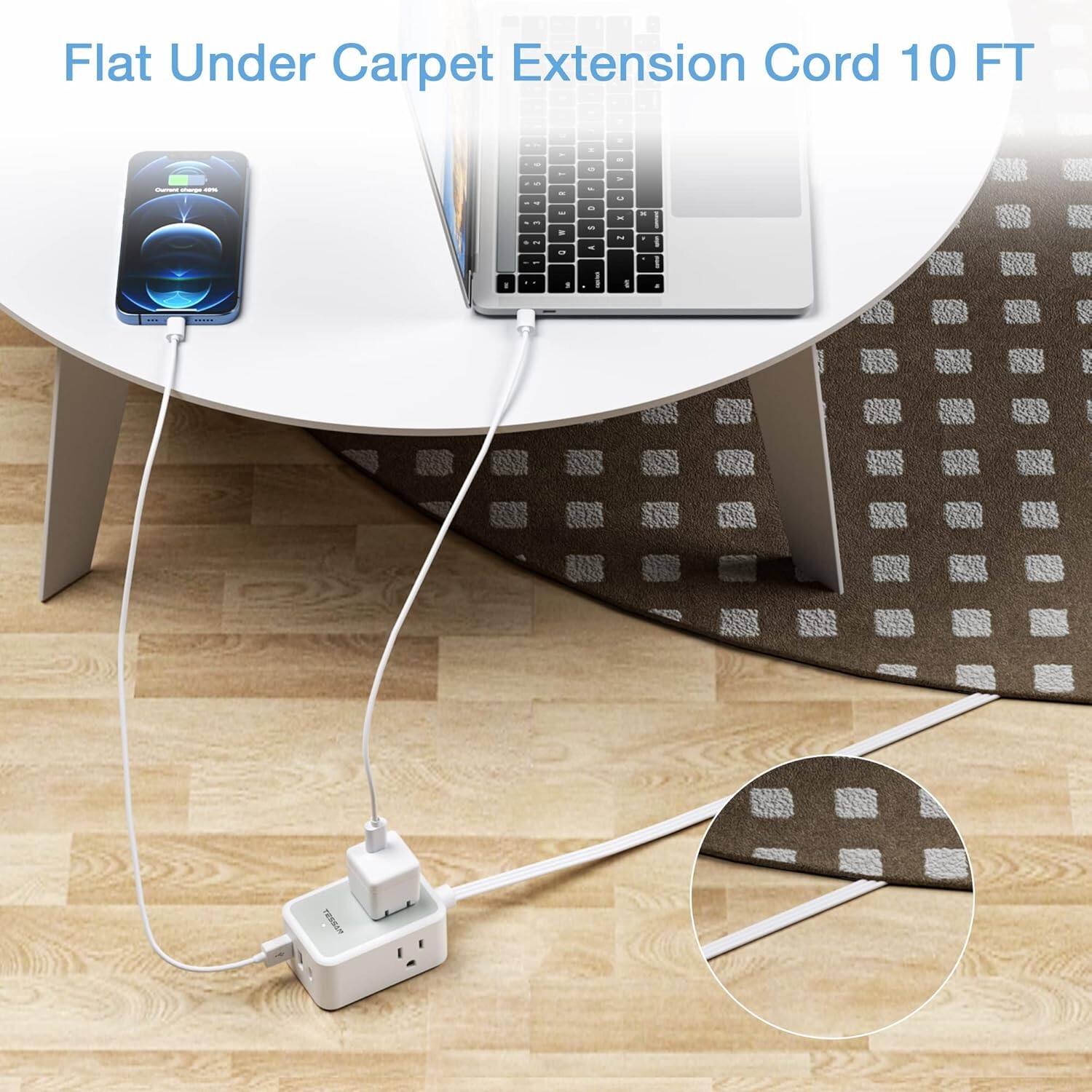 Flat Under Carpet Extension Cord 10 FT