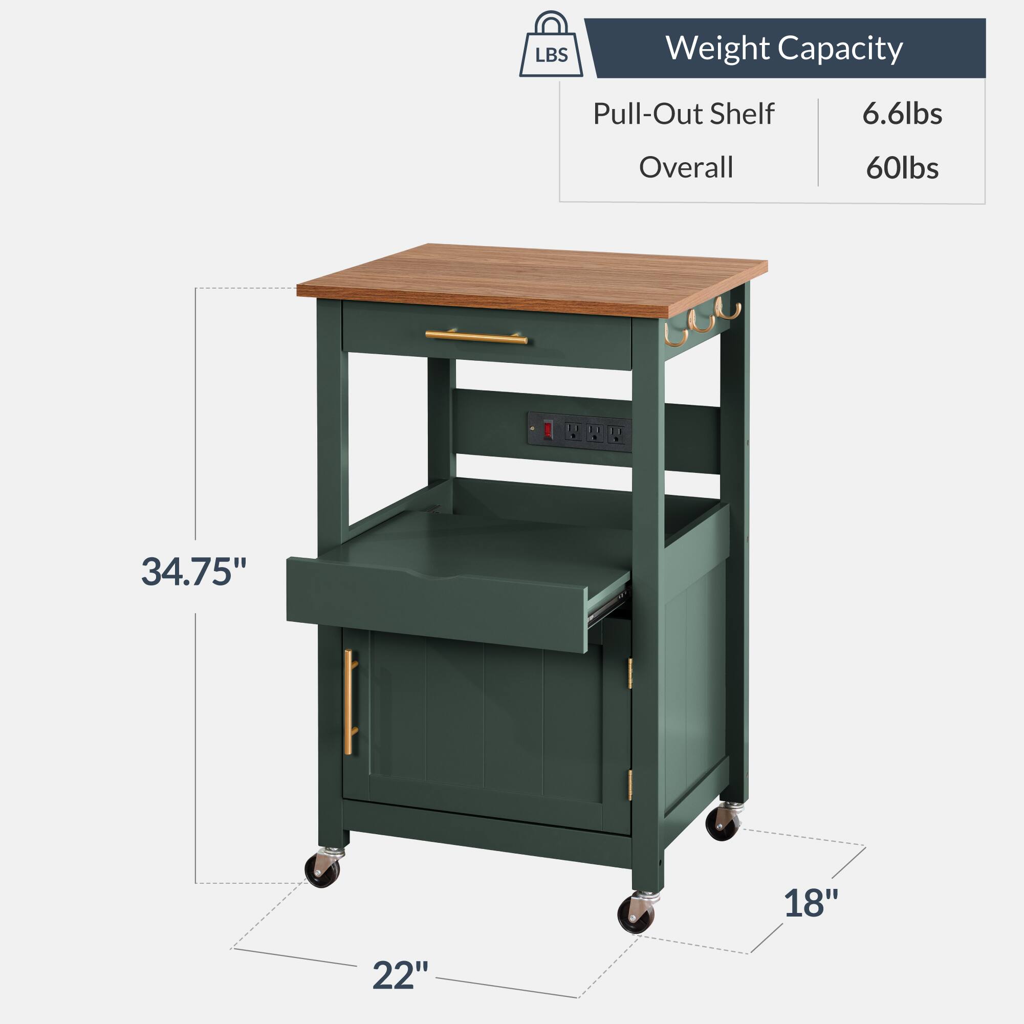 LBS Weight Capacity  
Pull-Out Shelf: 6.6lbs  
Overall: 60lbs  
Dimensions: 34.75" x 18" x 22"