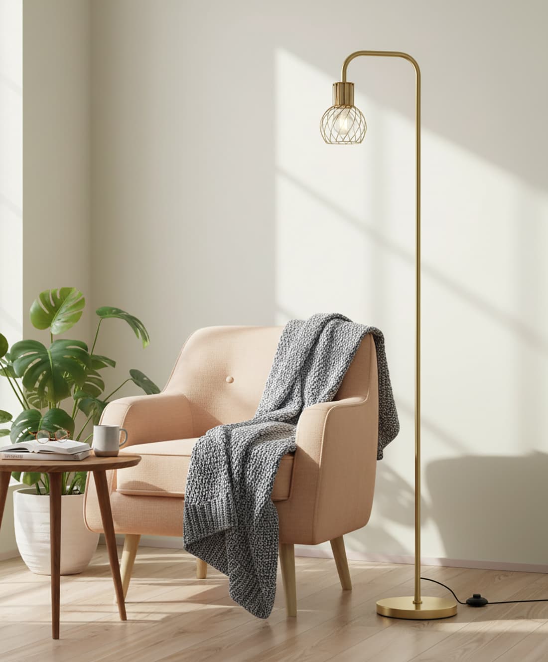 Alt View 4. FINEAK - Modern Industrial Brass Gold Floor Lamp, Tall Metal Standing Lamp with 6W LED Bulb - Gold.