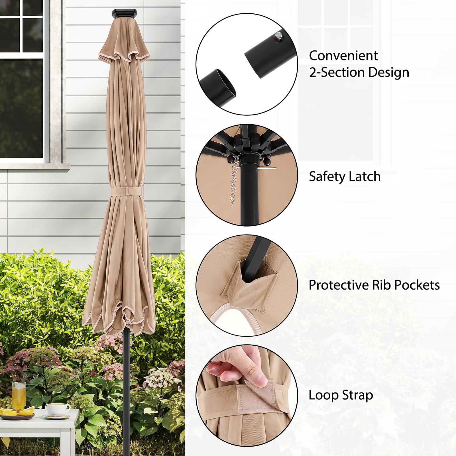 Convenient 2-Section Design  
Safety Latch  
Protective Rib Pockets  
Loop Strap