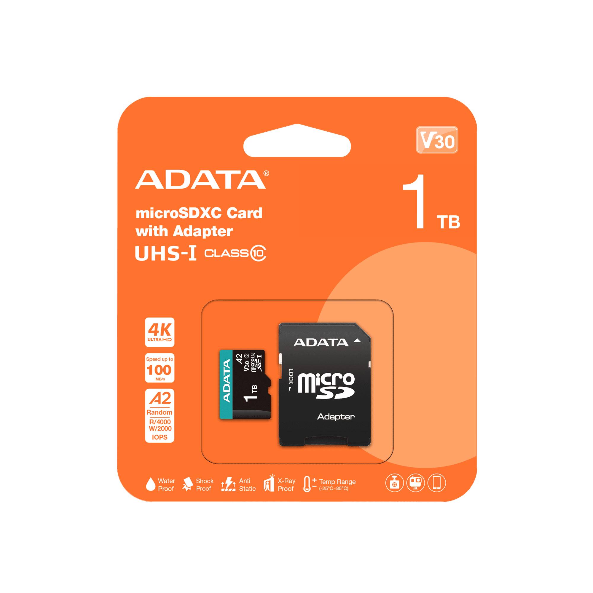 ADATA microSDXC Card with Adapter UHS-I CLASS 10 V30 1 TB 4K IARD Speed - 100 S A2 Random R/4000 W/2000 IOPS ADATA A2 C Sl V30 TB ADATA LOCK 1 micro SD Adapter Water Proof Shock Proof Anti Static X-Ray Proof + Temp Range -25-0-050