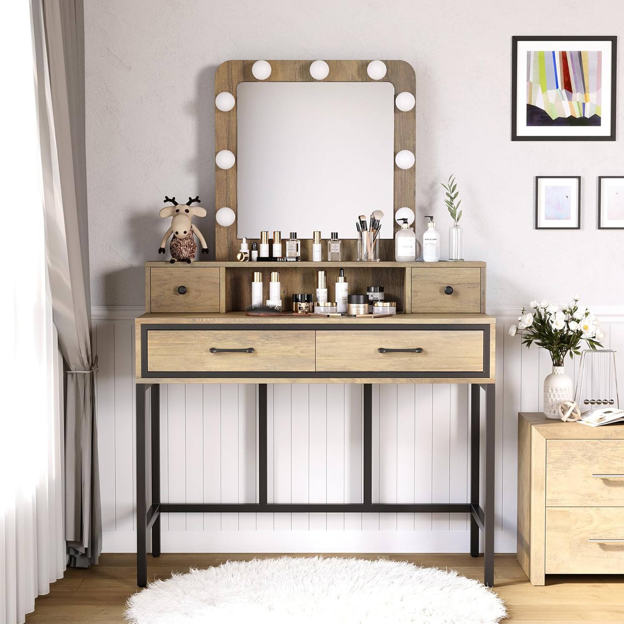 Alt View 4. RoyalCraft - RoyalCraft Vanity Desk for Makeup with Mirror, Dimmable Lights & Drawers, Brown - Brown.