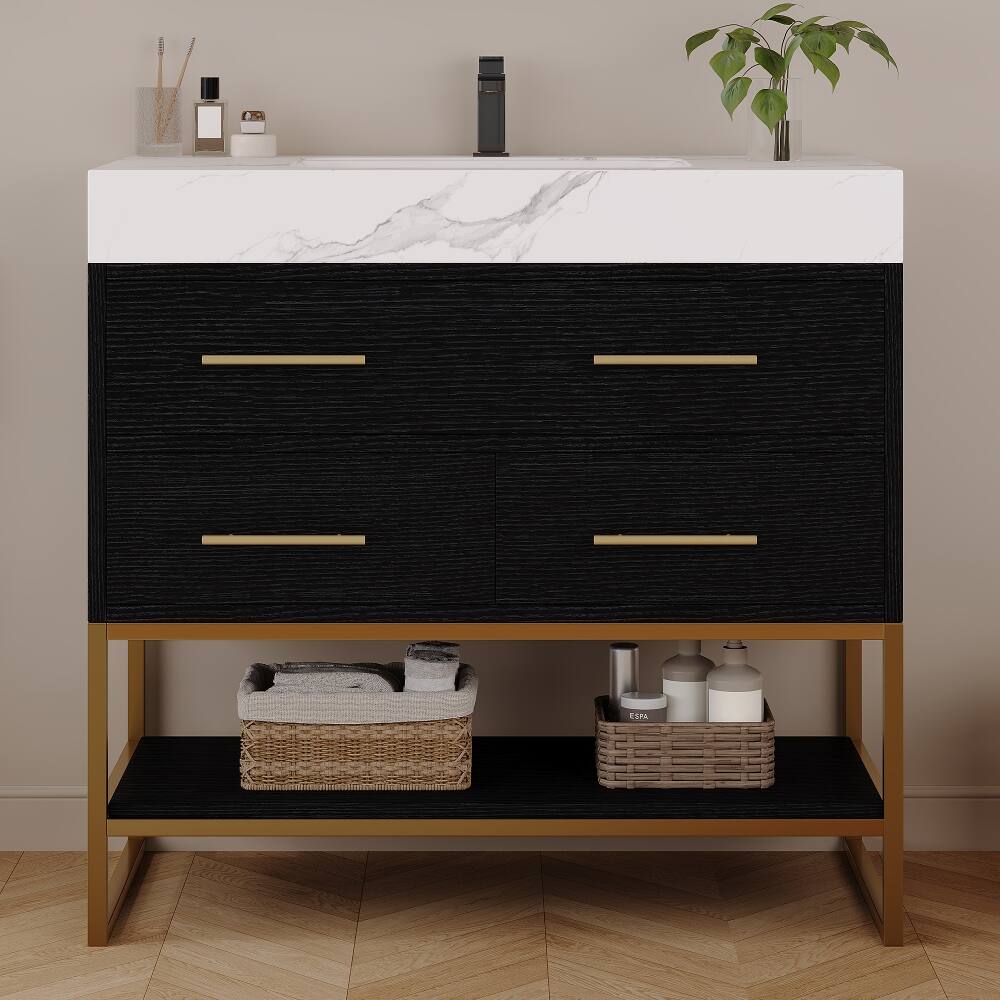 Front. Loheer - Loheer 36 inch bathroom vanity with Sintered Stone Top, Freestanding Sink Cabinet, Black/White - Black, White.
