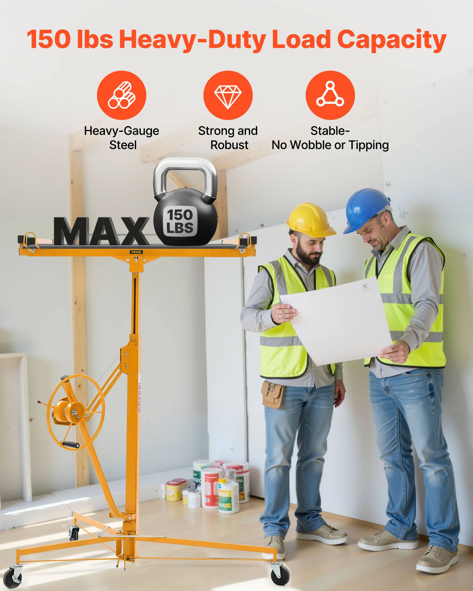 150 lbs Heavy-Duty Load Capacity  
Heavy-Gauge Steel  
Strong and Robust  
Stable - No Wobble or Tipping  
150 MAX LBS