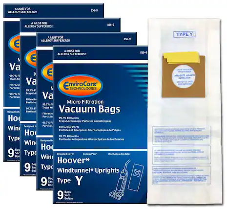 A MUST FOR ALLERGY SUFFERERS!!
856-9
EnviroCare TECHNOLOGIES
Micro Filtration Vacuum Bags
99.7% Filtration Traps Microscopic Particles and Allergens
99.7% Filtration Traps Microscopic Particles and Allergens
99.7% Filtration Traps Microscopic Particles and Allergens
Designed to Fit: Hoover* Windtunnel* Uprights
Designed to Fit: Hoover* Windtunnel* Uprights
Designed to Fit: Hoover* Windtunnel* Uprights
9 Bags
9 Sac Bolsas
9 Sacs Bolsas
TYPE Y
OPEN THIS HOLE WITH FINGER
ABRA ESTE AGUJERO CON EL DEDO
OUVRIR CE THOUE AVEC UN DUIT
AMIC UN DUIT
99.7% Filtration Traps Microscopic Particles and Allergens
99.7% Filtration Traps Microscopic Particles and Allergens
99.7% Filtration Traps Microscopic Particles and Allergens
Designed to Fit: Hoover* Windtunnel* Upr