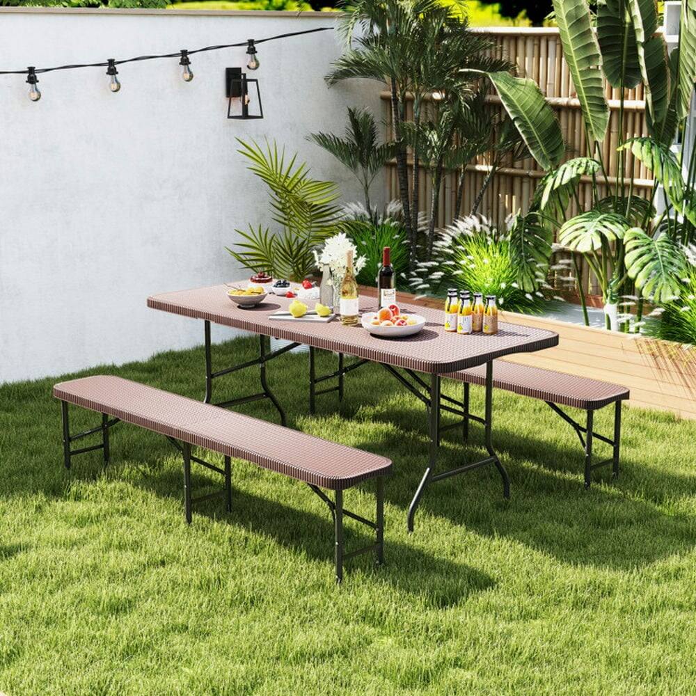 Back. Pefilos - 6 Feet Plastic Folding Bench with 1320 LBS Capacity and Handle, Patio Chairs for Outdoor, Brown - Brown.