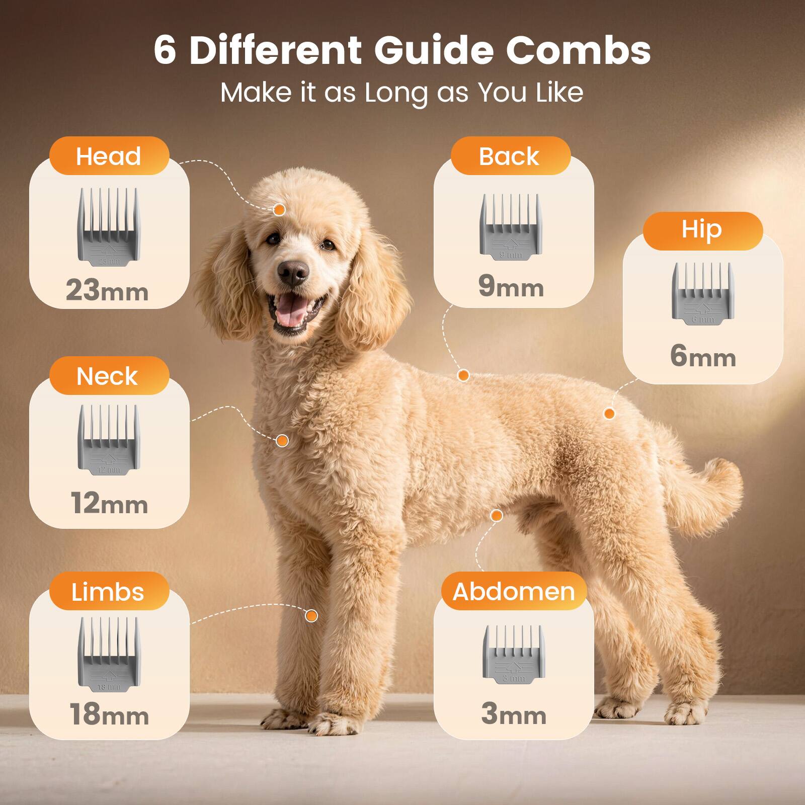 6 Different Guide Combs  
Make it as Long as You Like  

Head  
23mm  

Back  
9mm  

Hip  
6mm  

Neck  
12mm  

Limbs  
18mm  

Abdomen  
3mm