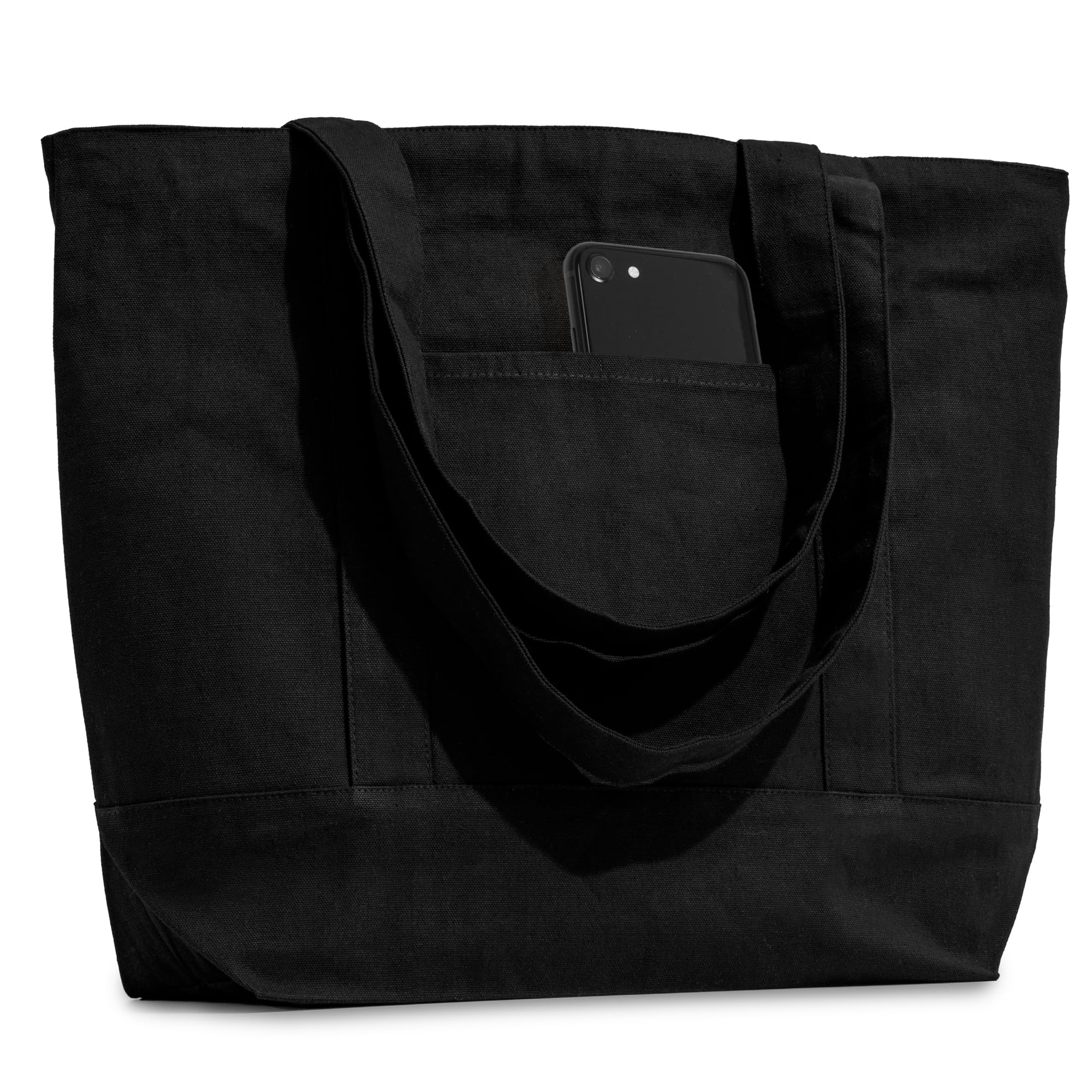 Front. Vulpecula Spade - Black Canvas Tote Bags with Zipper, Not-Made In China, 15"x 21", Heavy Duty Organic Cotton With Handles and Front - Black.