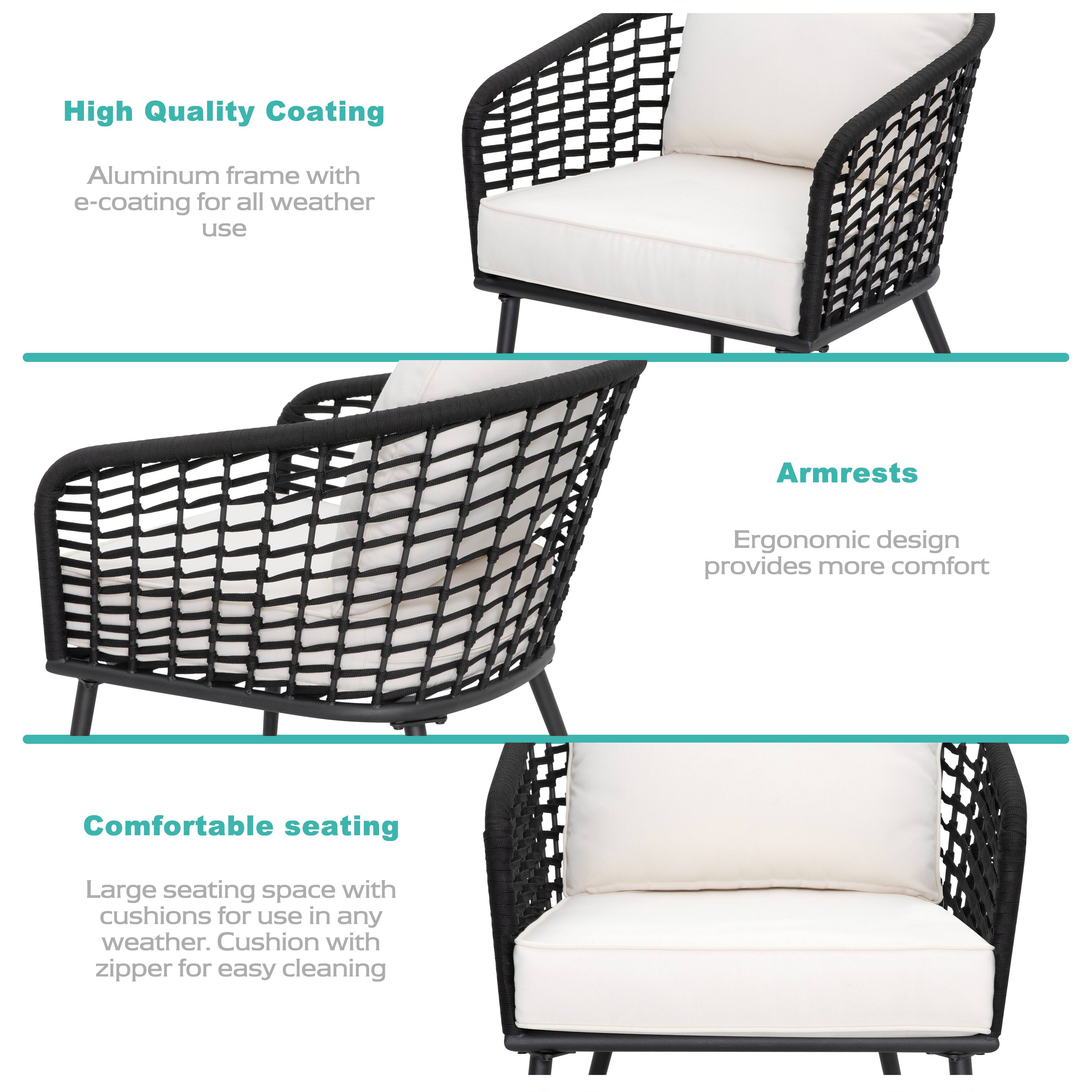High Quality Coating  
Aluminum frame with e-coating for all weather use  

Armrests  
Ergonomic design provides more comfort  

Comfortable seating  
Large seating space with cushions for use in any weather. Cushion with zipper for easy cleaning
