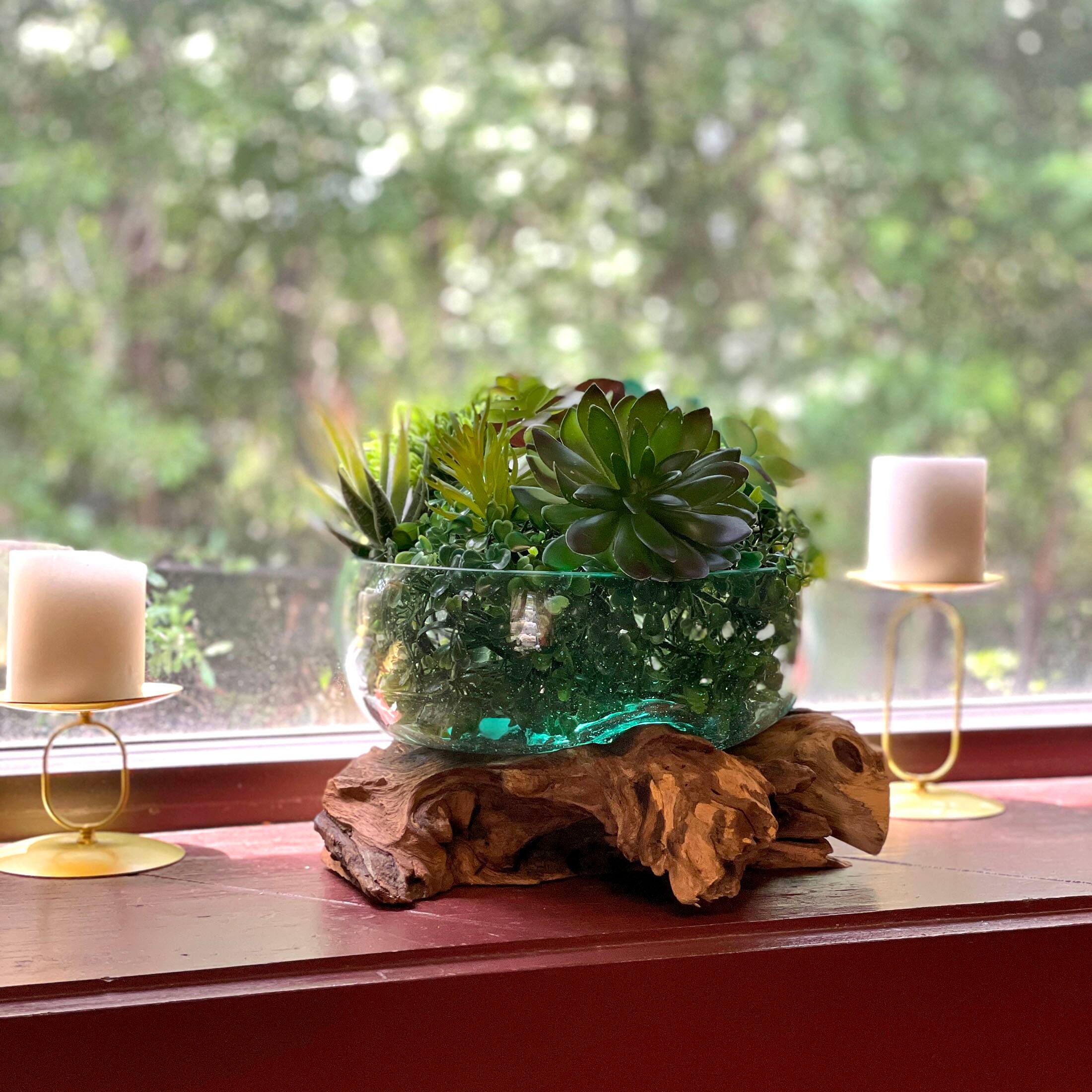 Alt View 5. Things2Die4 - Molten Glass Bowl on Driftwood 10" Hand Blown Decorative Centerpiece Planter - Natural.