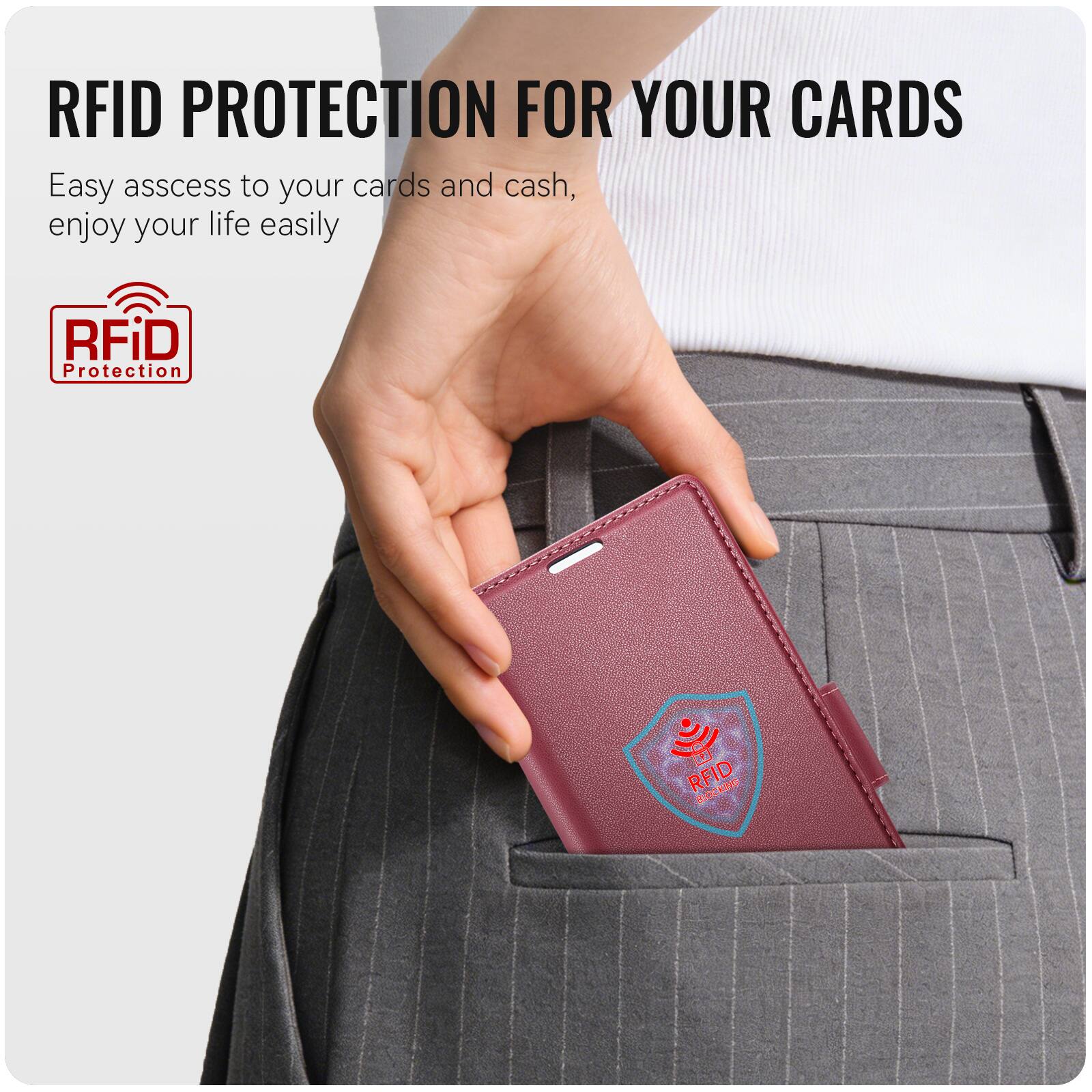 RFID PROTECTION FOR YOUR CARDS  
Easy access to your cards and cash, enjoy your life easily  

RFiD Protection  
RFID BLOCKING