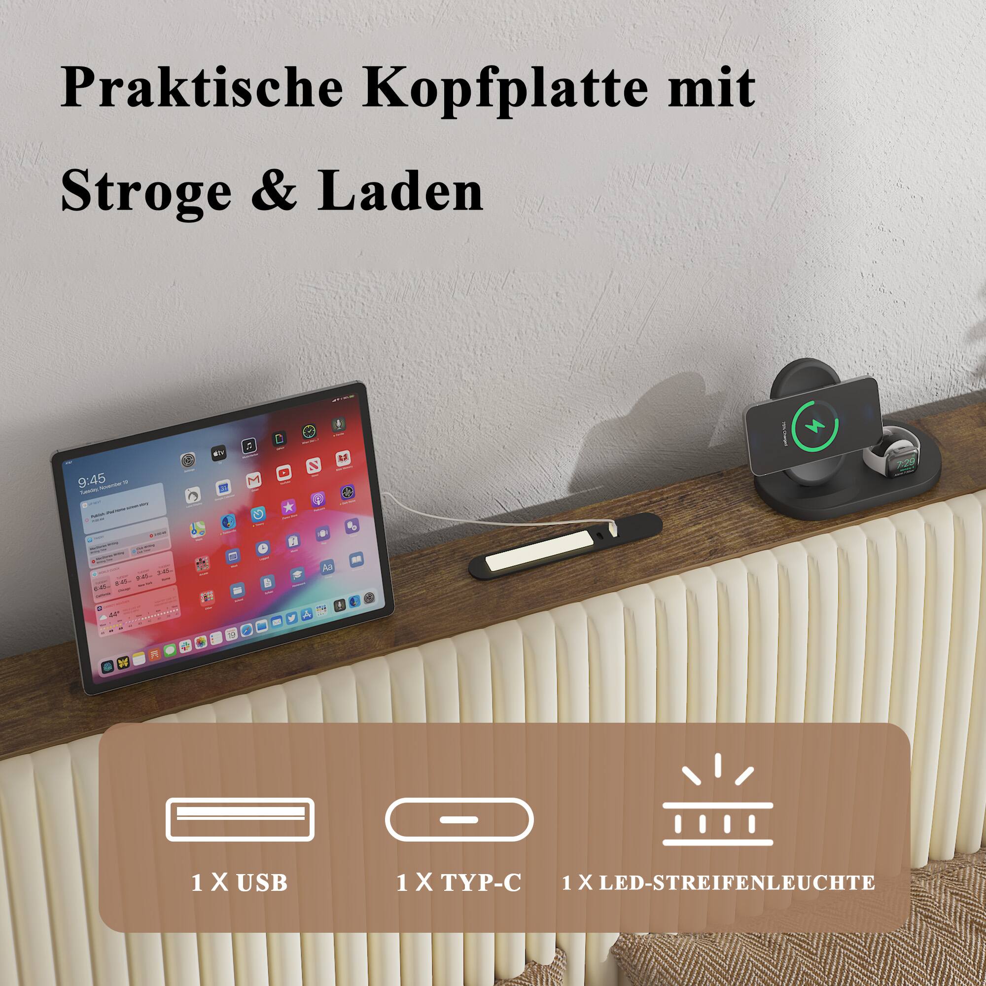 Praktische Kopfplatte mit Stroge & Laden

1 X USB  
1 X TYP-C  
1 X LED-STREIFENLEUCHTE