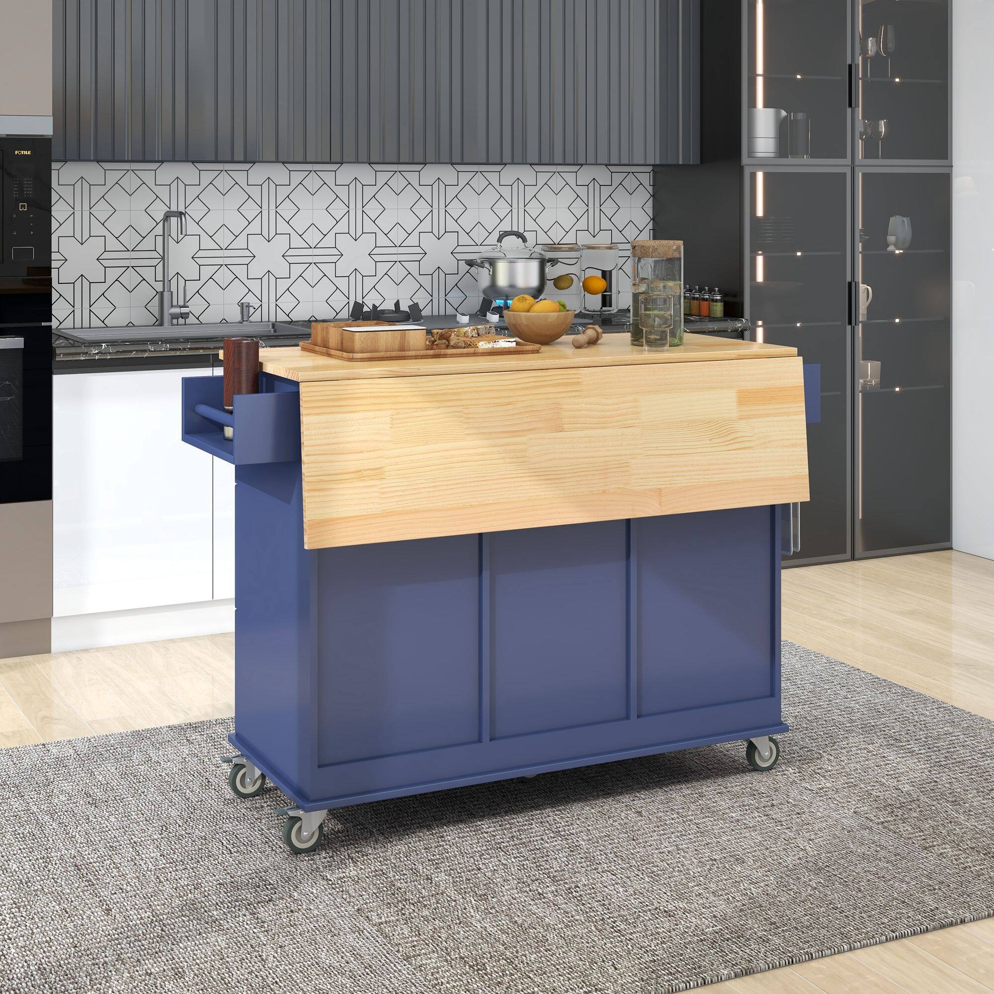 Back. Mirfee - 52.7" Mobile Kitchen Island with Solid Wood Top, Locking Wheels, Drop Leaf, Spice Rack - Blue.