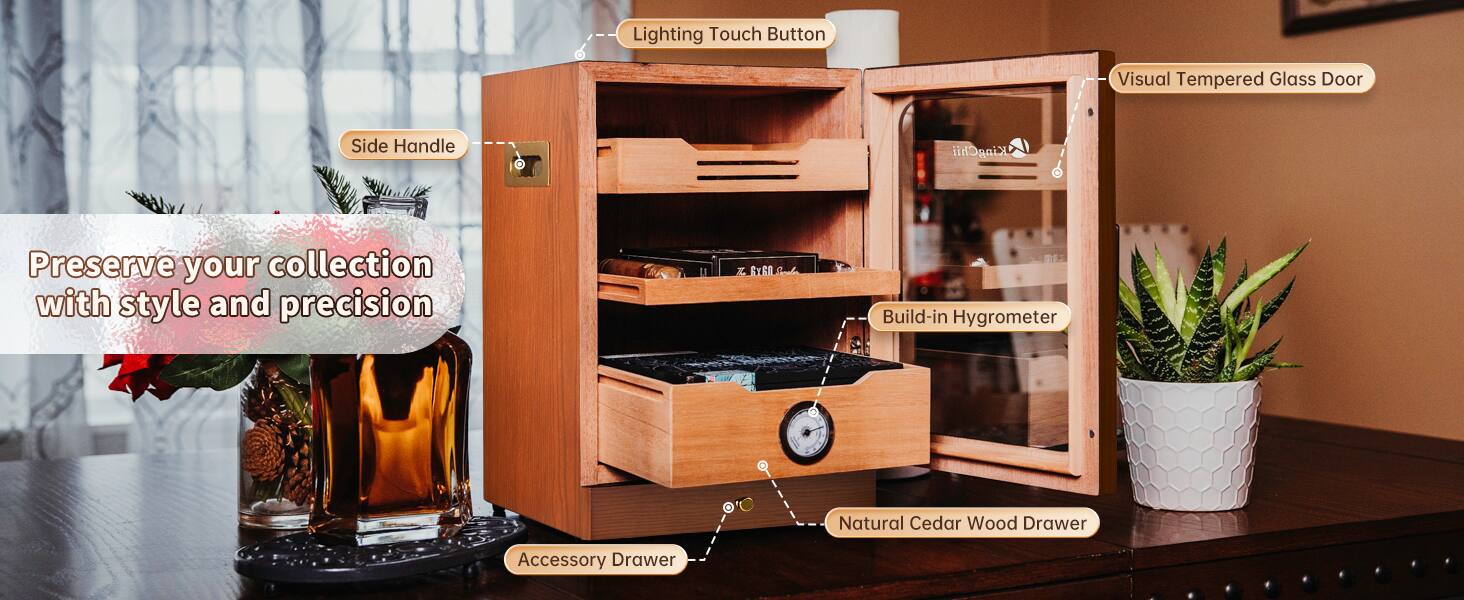 Lighting Touch Button  
Visual Tempered Glass Door  
Side Handle  
Build-in Hygrometer  
Natural Cedar Wood Drawer  
Accessory Drawer  

Preserve your collection with style and precision