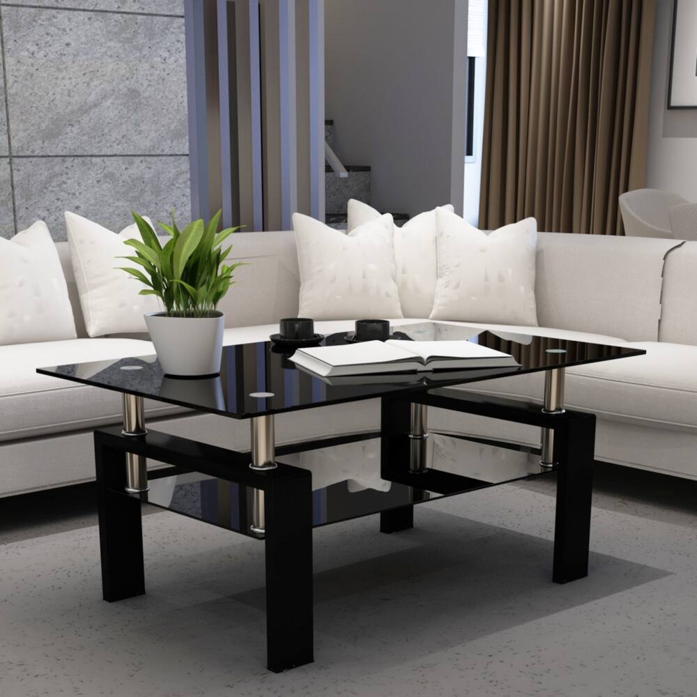 Angle. Loheer - Loheer Black Glass Coffee Table Modern Clear Center Table Living Room Furniture - Black.