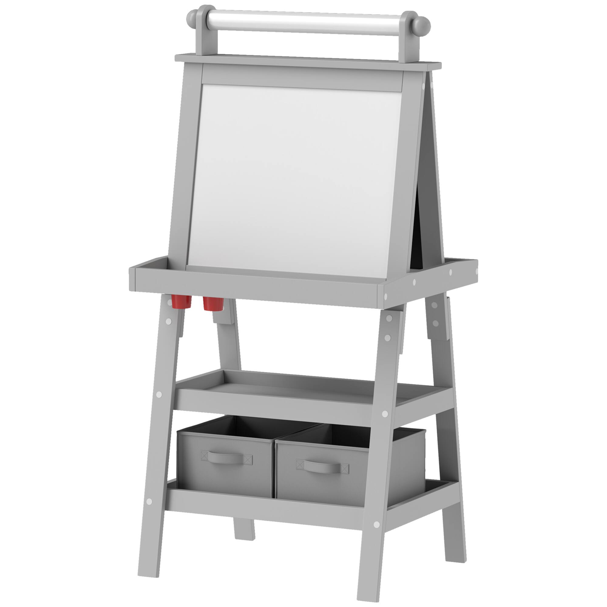 Front. Qaba - Sided Easel for Kids, Standing Toddler Easel with Paper Roll, Magnetic Whiteboard - Gray.