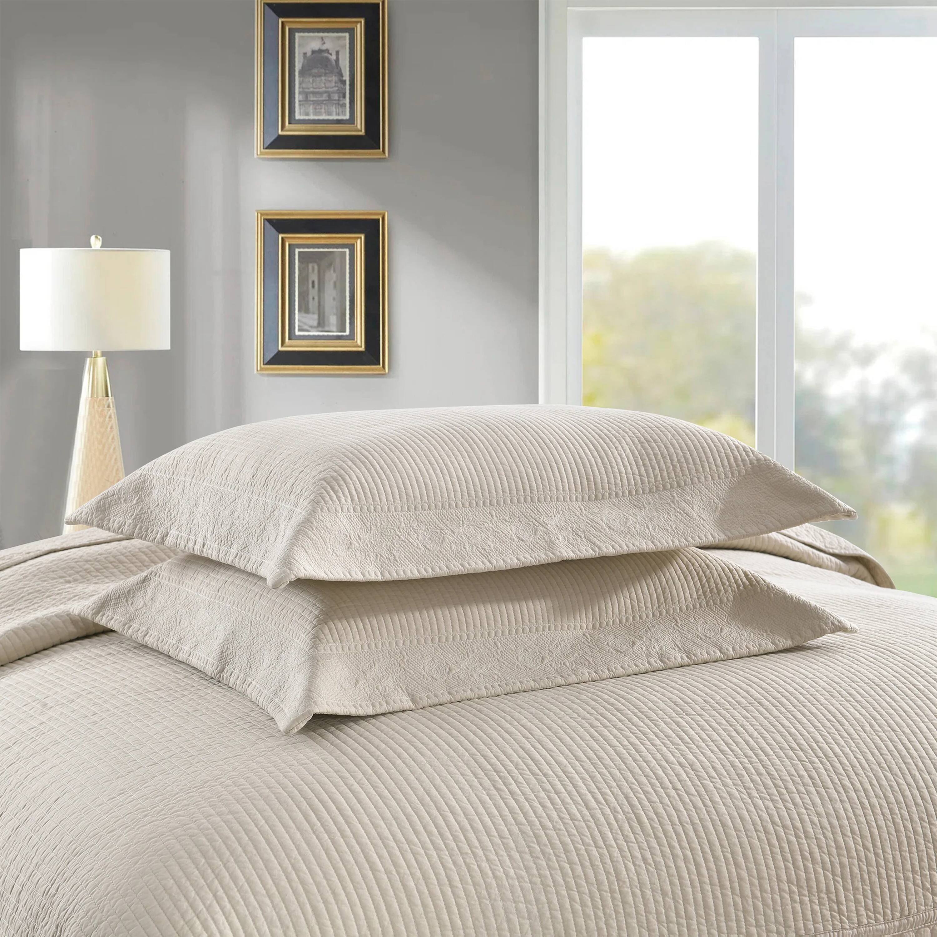 Back. MarCielo - Marcielo 3 Piece 100% Cotton Oversized Bedspread Lightweight Quilt Set - Khaki Beige.