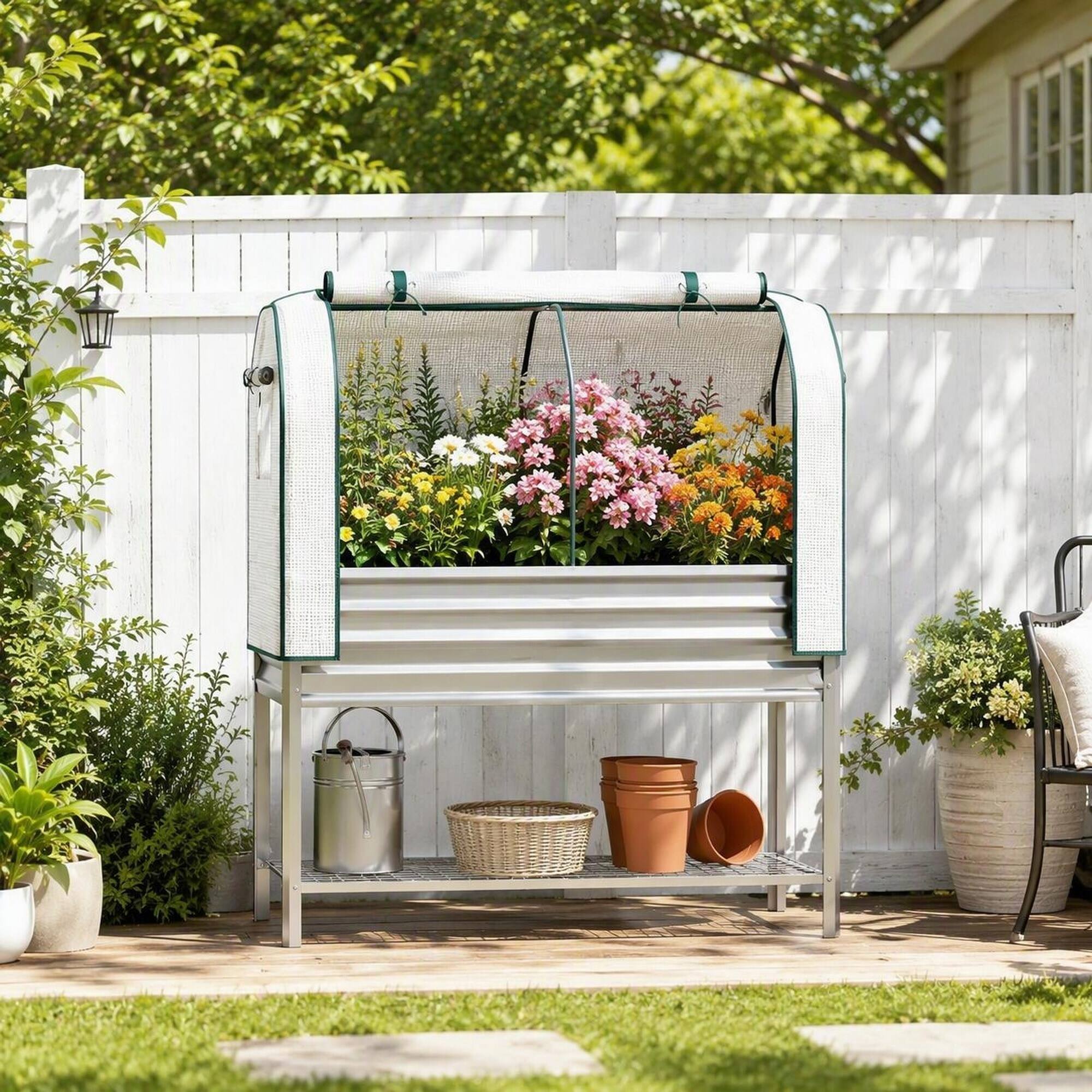 Back. RYHNUYNE - Raised Garden Bed with Greenhouse Cover, 44 Gal Elevated Planter Box, Galvanized Metal Frame, Silver, Outdoor Use - Silver.