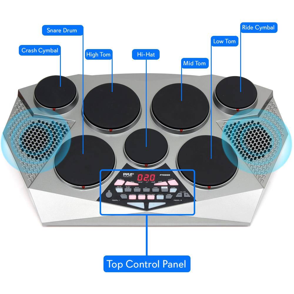 Snare Drum  
Ride Cymbal  
Crash Cymbal  
High Tom  
Hi-Hat  
Mid Tom  
Low Tom  
PYLE  
Top Control Panel