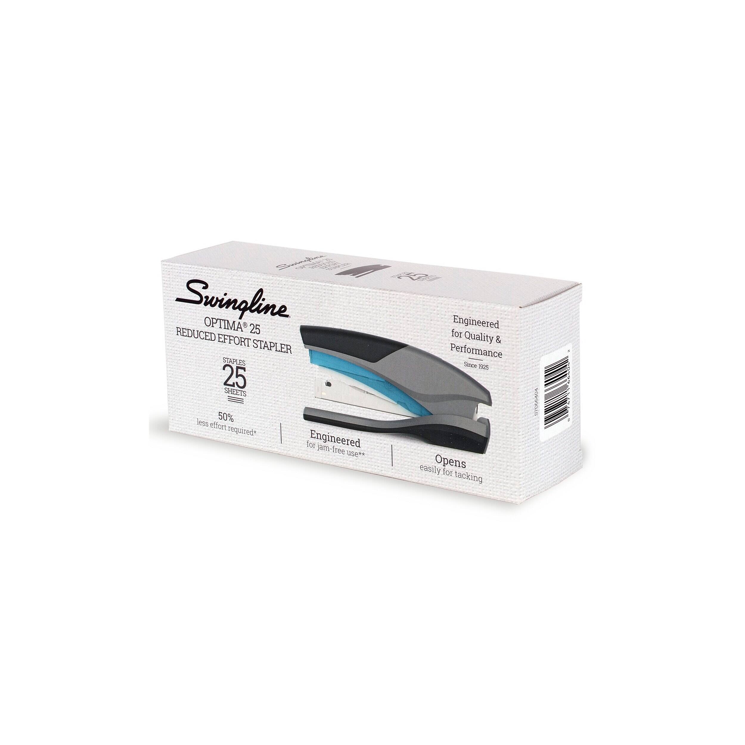 Swingline OPTIMA 25 REDUCED EFFORT STAPLER STAPLES 25 SHEETS less 50% effort required* for Engineered jam-free use**

25 Engineered for Quality & Performance Since 1925 easily Opens for tacking