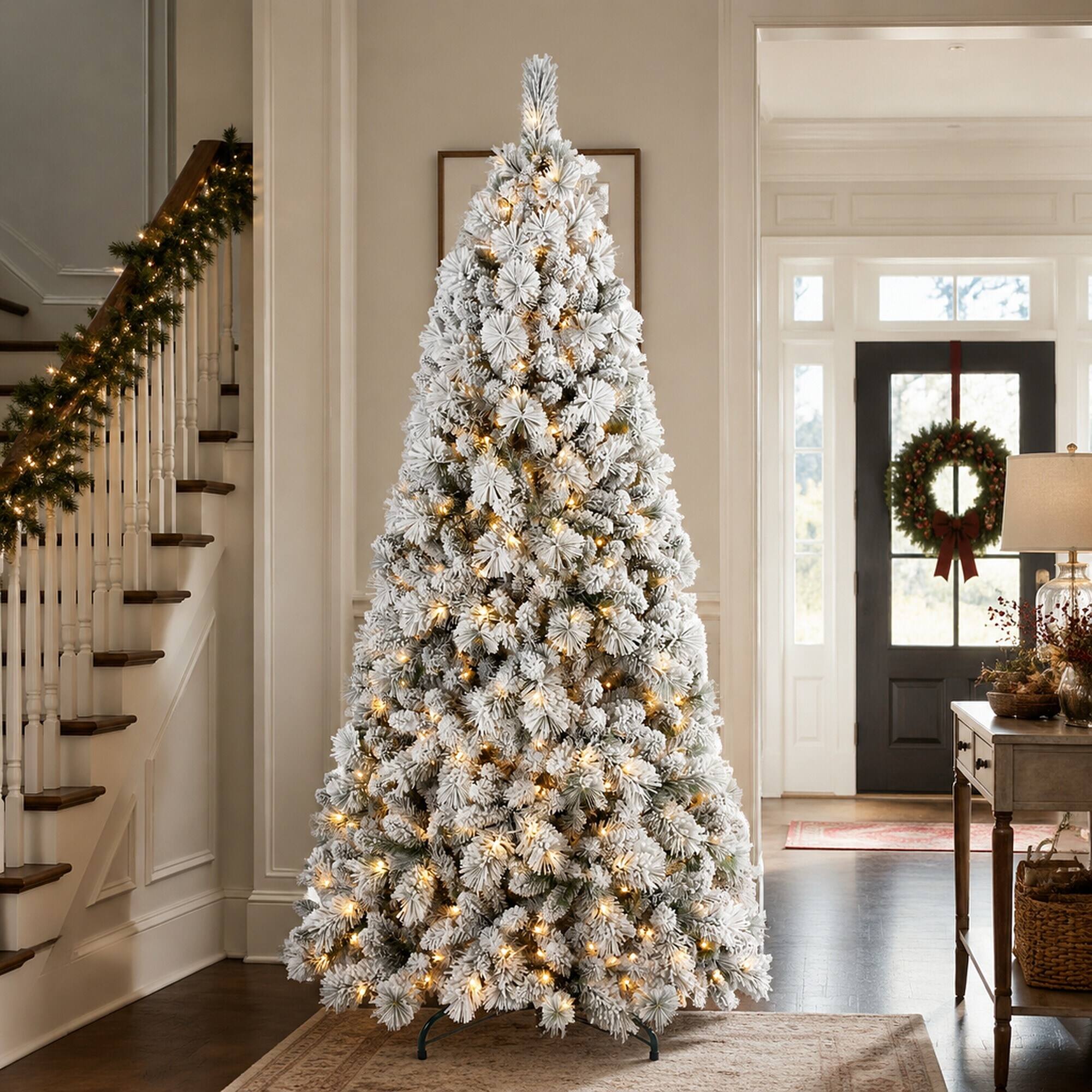 Alt View 1. RYHNUYNE - 8FT Flocked Pre-Lit Christmas Tree, 600 Warm White LED Lights 1445 Tips PVC Hard Needle Hinged Design - Green,White.