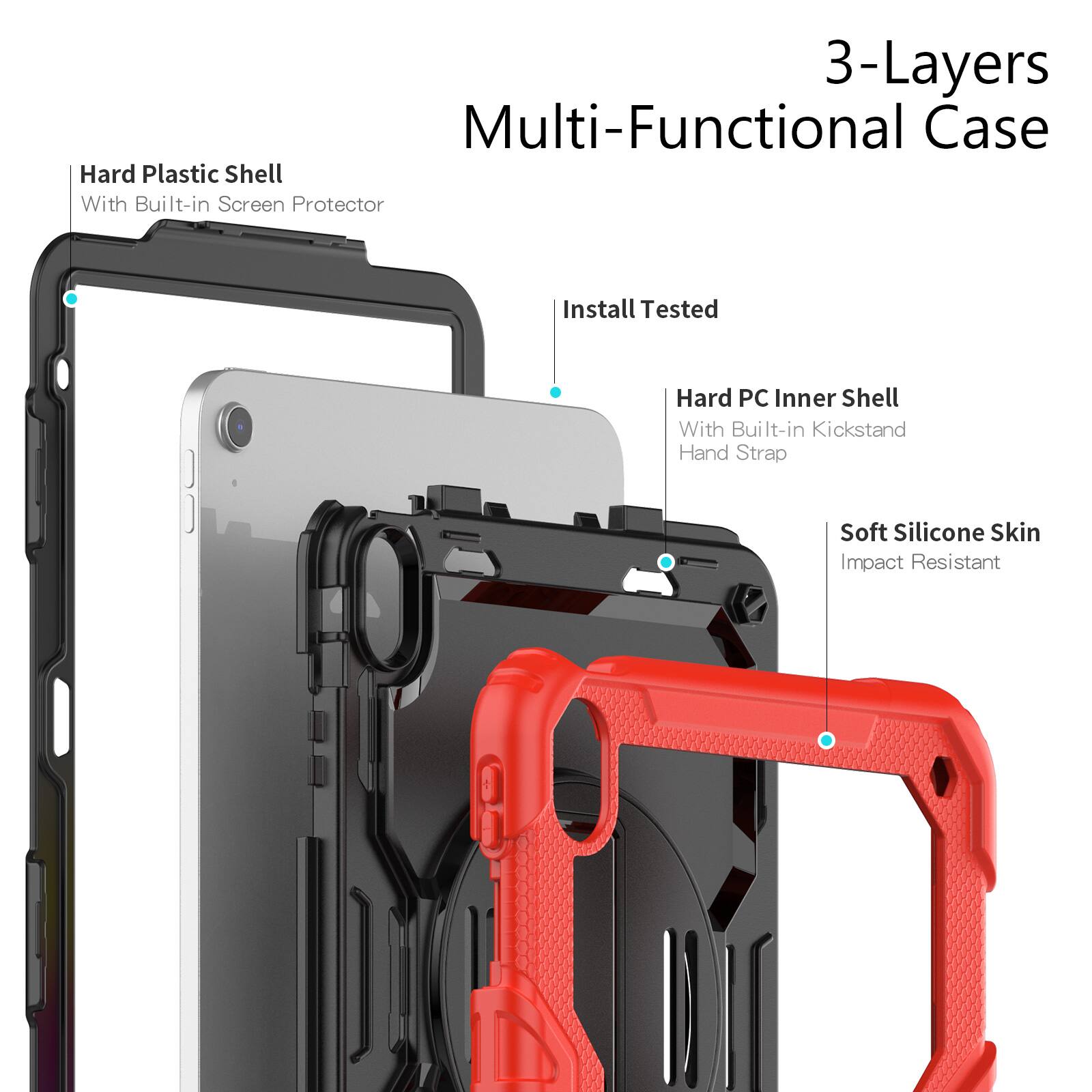 3-Layers Multi-Functional Case Hard Plastic Shell With Built-in Screen Protector Install Tested Hard PC Inner Shell With Built-in Kickstand Hand Strap Soft Silicone Skin Impact Resistant