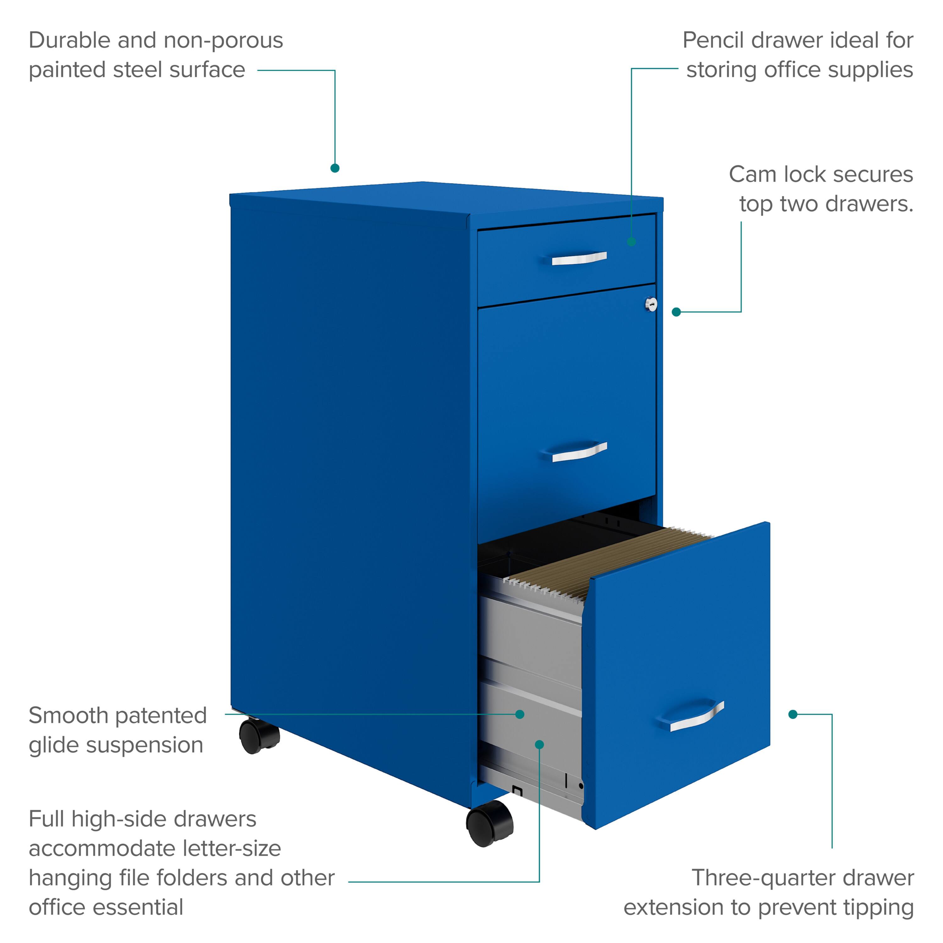 Durable and non-porous painted steel surface. Pencil drawer ideal for storing office supplies. Cam lock secures top two drawers. Smooth patented glide suspension. Full high-side drawers accommodate letter-size hanging file folders and other office essentials. Three-quarter drawer extension to prevent tipping.