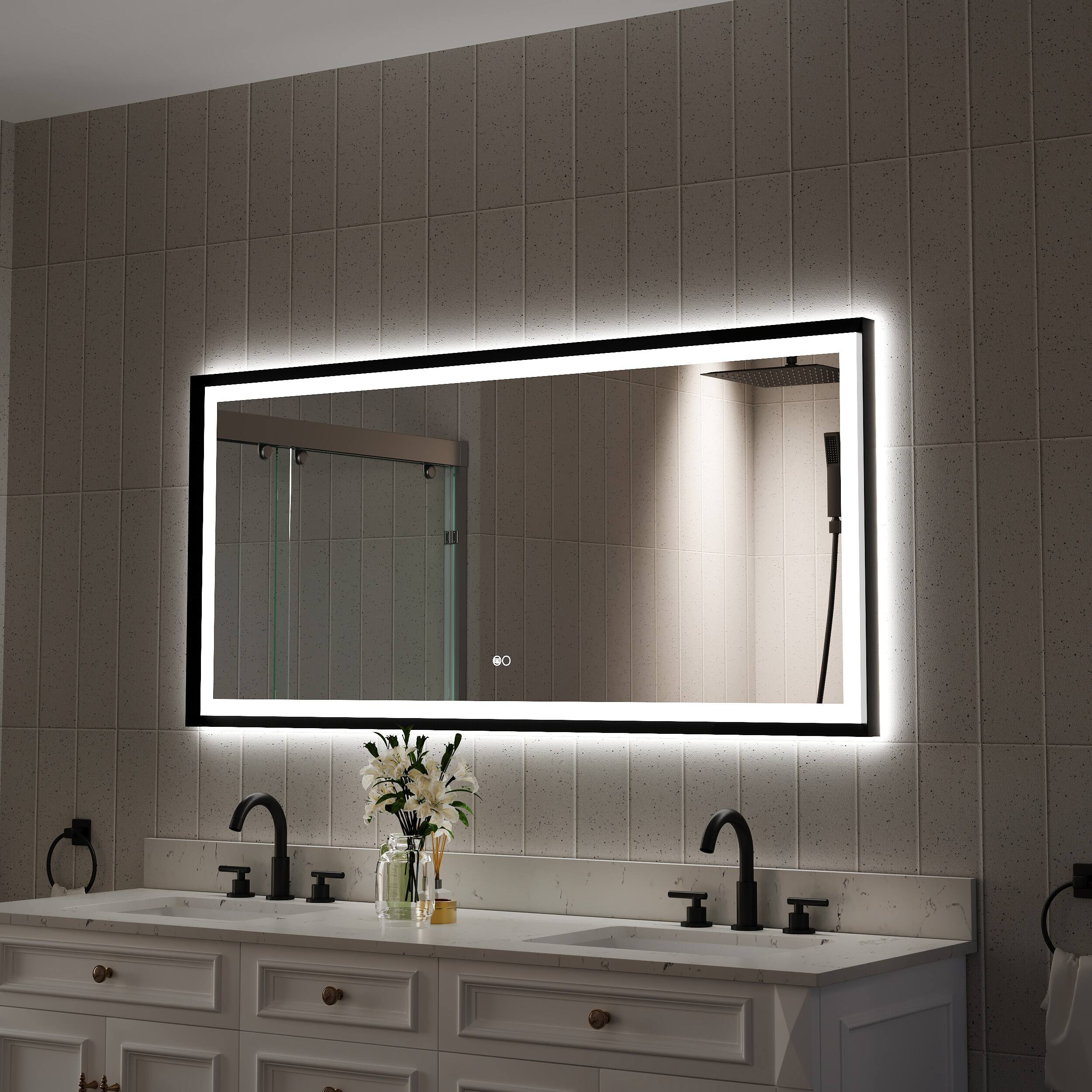 Angle. WELLFOR - 60 in W x 28 in. H Rectangular Single Aluminum Framed Anti-Fog LED Light Wall Bathroom Vanity Mirror - Matte Black.