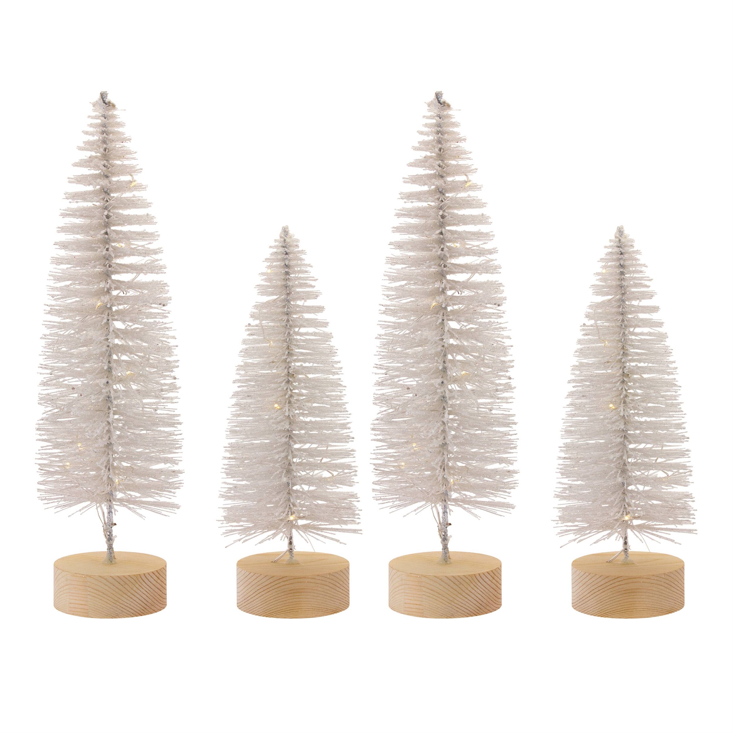 Angle. BreeBe - LED Lighted White Bottle Brush Tree with Wood Base and Gold Accent (Set of 4) - White, Brown.