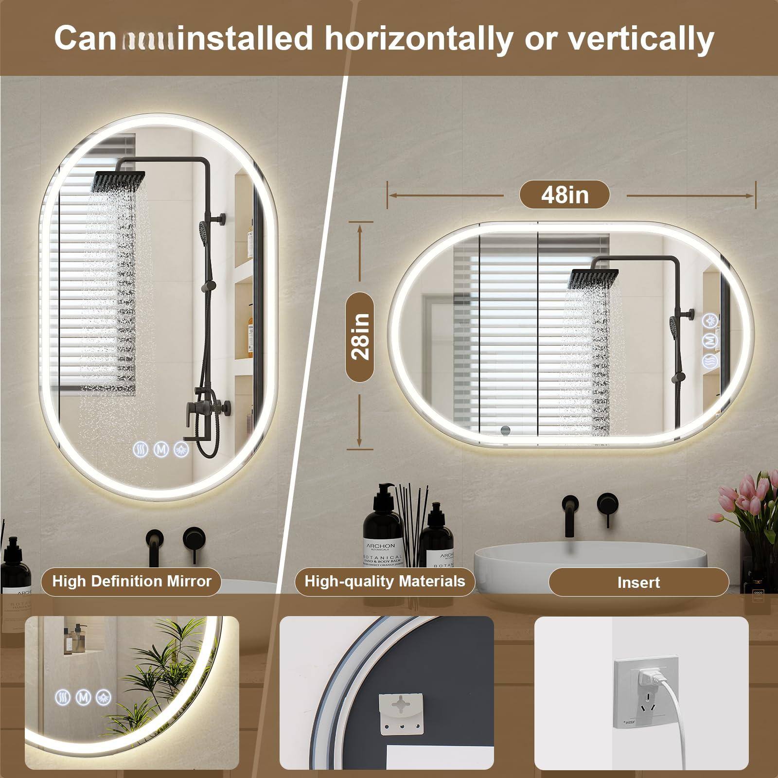 Can be installed horizontally or vertically

48in

28in

High Definition Mirror

High-quality Materials

Insert