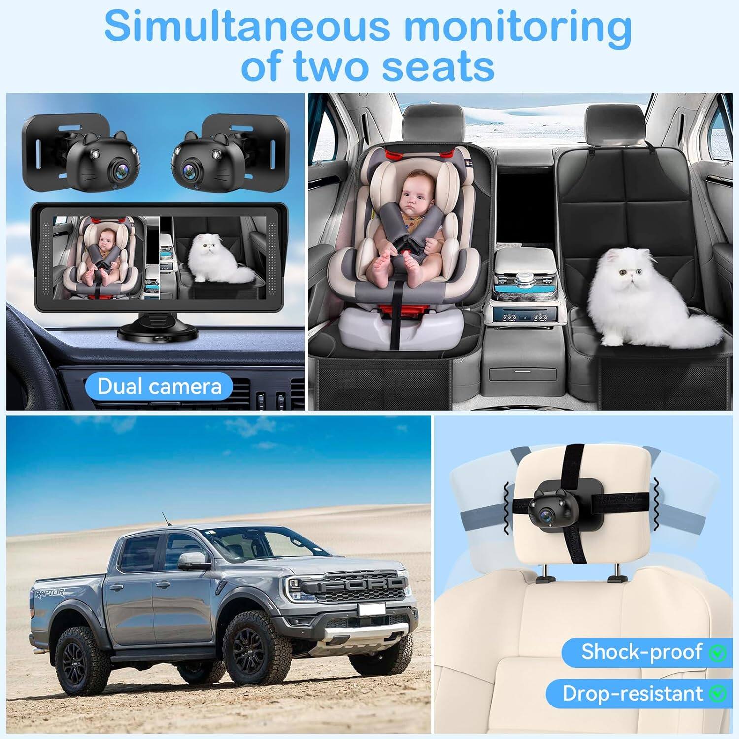 Simultaneous monitoring of two seats  
Dual camera  
Shock-proof  
Drop-resistant