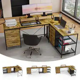 Tiramisubest - 114"L-Shaped Industrial Computer Desk with Power Outlets,USB-C,6 Drawers,3 Shelves & Movable Monitor Stands,Rustic - Brown