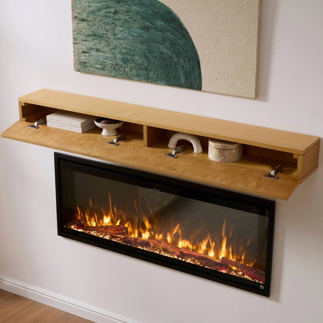 Alt View 1. Touchstone Home Products - Fireplace Mantel Shelf w/ Hidden Storage , 60" x 8.5" x 5.75", Solid Pine Wood Mantel for Over Fireplace - Natural Finish.