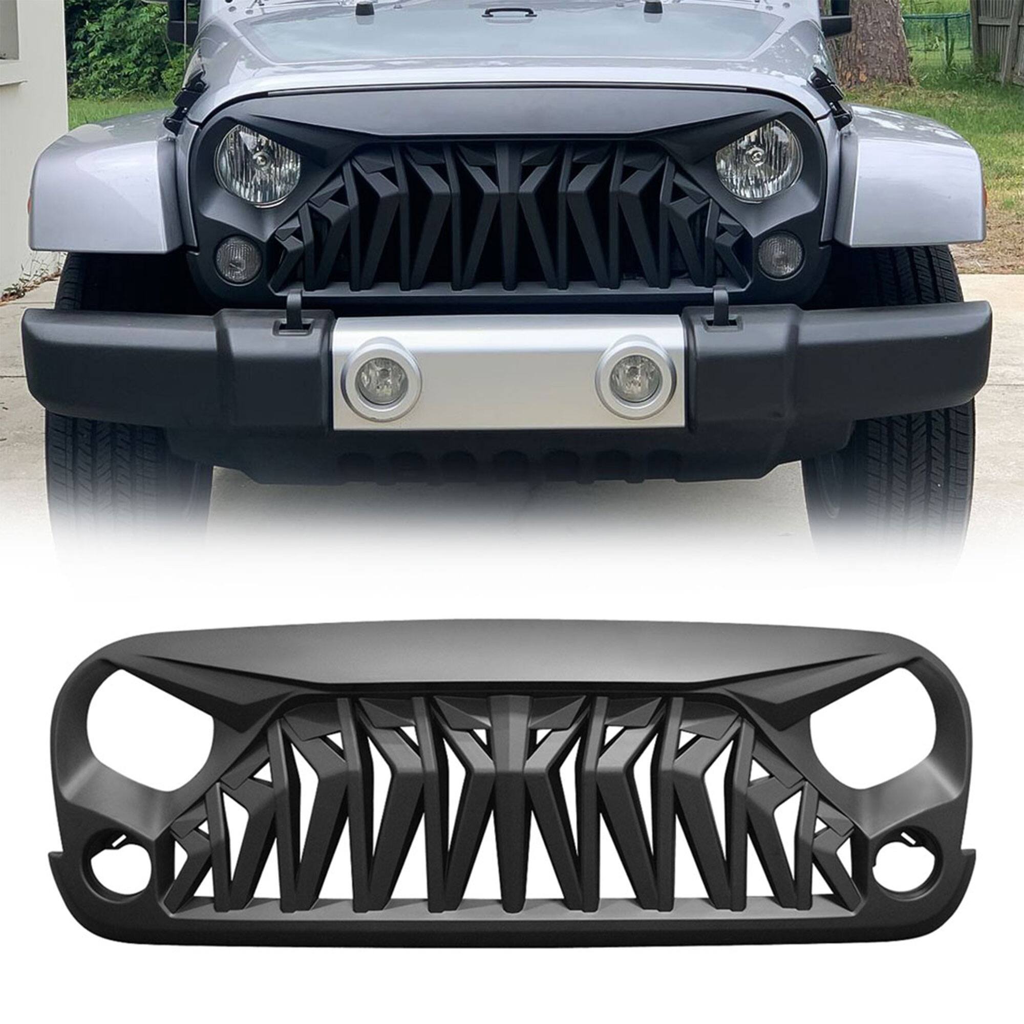 Front. AMERICAN MODIFIED - American Modified Front Shark Grille for 2007 to 2018 Jeep Models, Matte Black - Matte Black.
