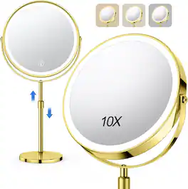 Stamp n Camp - Lighted Makeup Mirror, Rechargeable Height Adjustable Double Sided, 1x/10x Magnifying with 3 Color - Gold