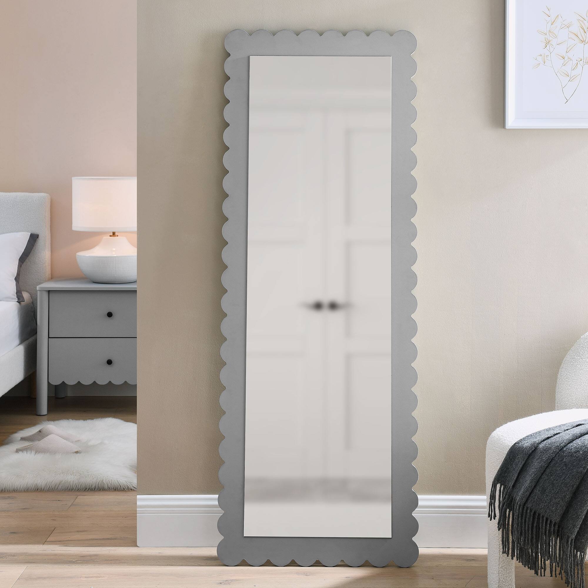 Angle. Modway - Emmeline Scalloped Rectangle Floor Mirror by Modway - Light Gray.